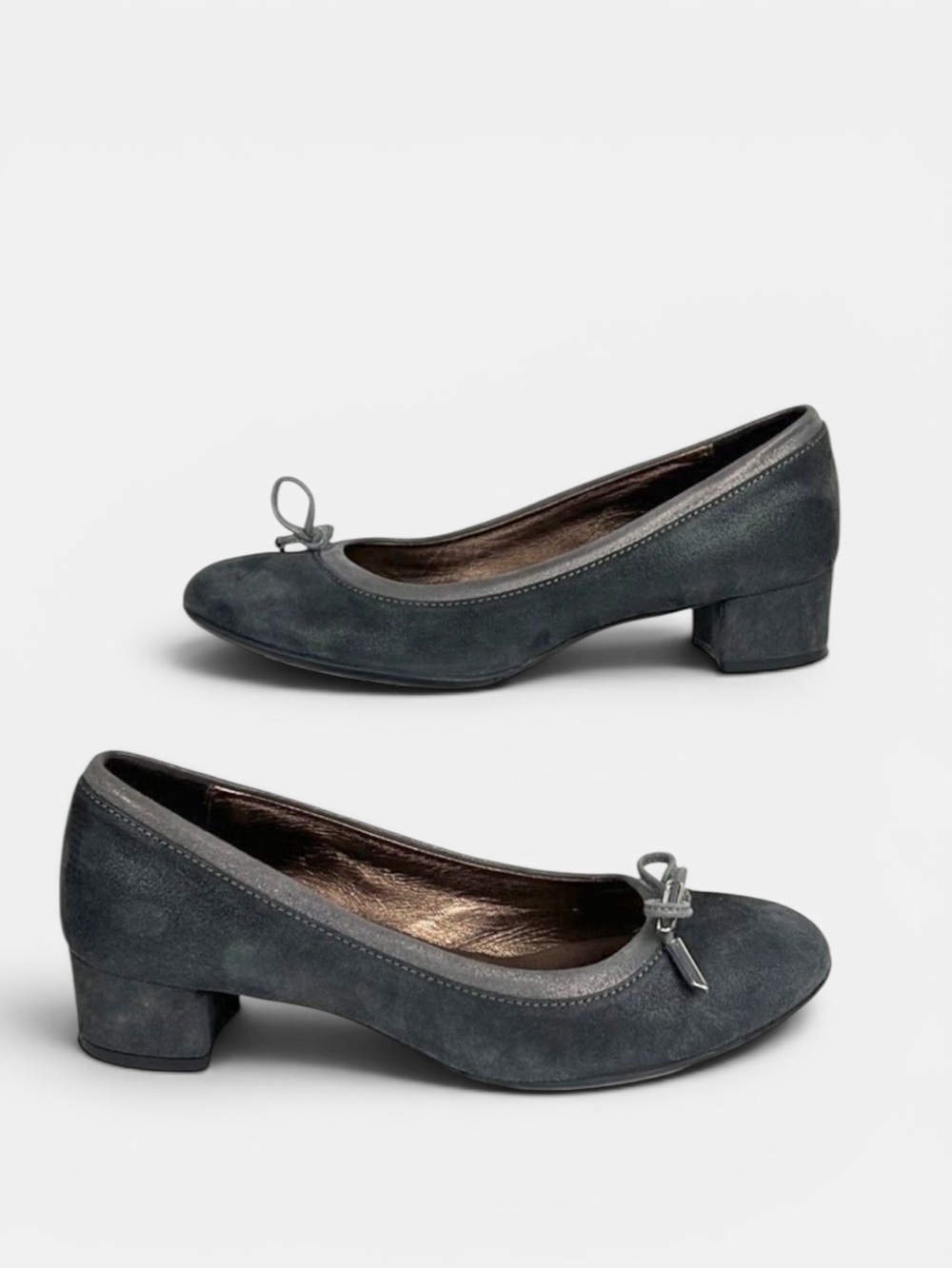 AGL Kristin Low Block Heel Pumps Coal Gray Suede with Bow size 38,5 US 8